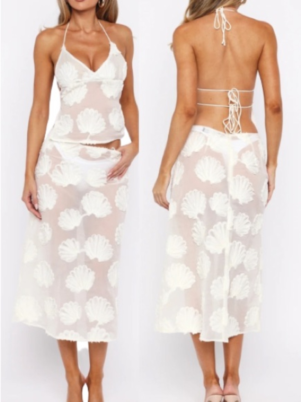White Fox Sheer Midi Shell Skirt Sheer Cream White Medium